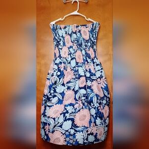 Floral Strapless Dress - Blue and Peach